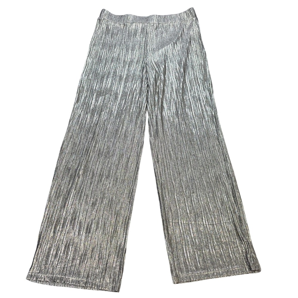 JM Collection Metallic Pleated Party Pants Womens Size L Silver Wide Leg Palazzo